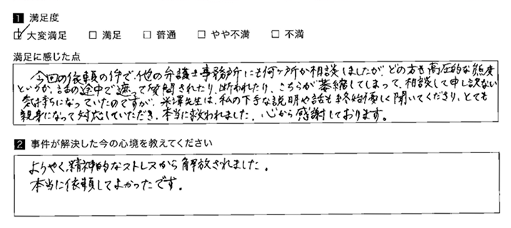 とても親身になって対応いただき、本当に救われました