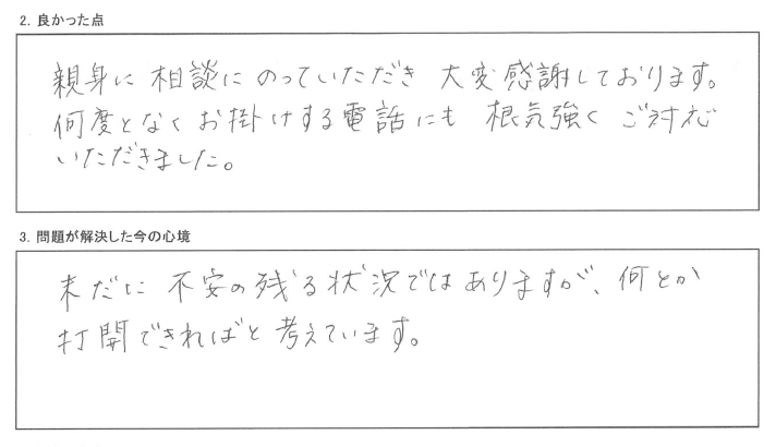 親身に相談にのっていただき大変感謝しています